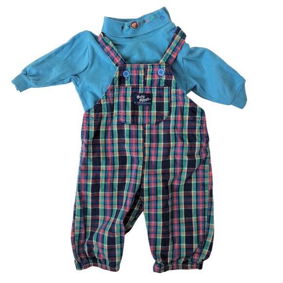 Vintage Oshkosh B’gosh Bubble Overalls Vestbak 6-9 Months USA Cotton Plaid Blue - Picture 1 of 8